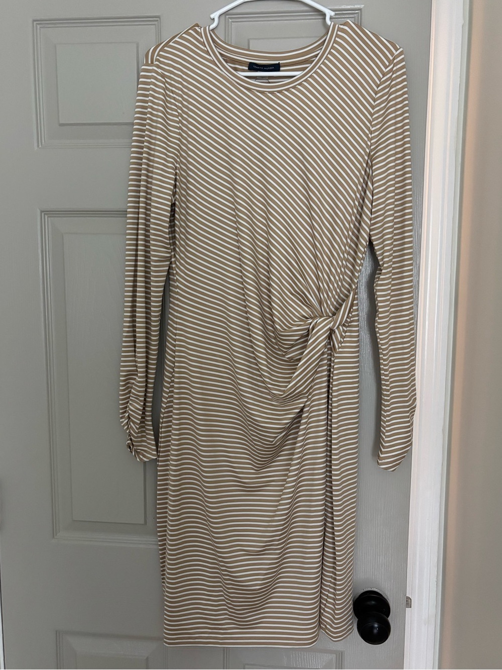 Tommy Hilfiger Beige and White Striped Long-Sleeve Knot Waist Dress